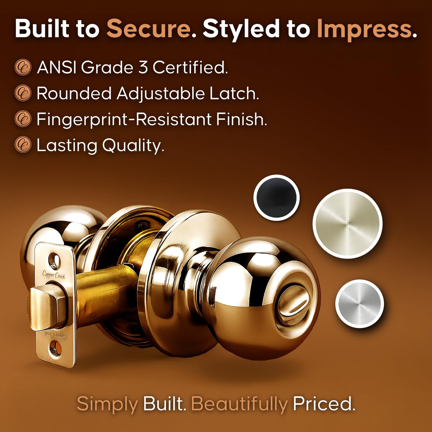 Copper Creek BK2030PB Ball Door Knob, Privacy Function, 1 Pack, Polished Brass