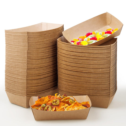 150 Pack Paper Food Boats, 2 lb Kraft Paper Food Tray, Disposable Brown Paperboard Serving Basket for Hot Dog Nacho, Grease Resistant Fast Food Snack Holder Container for Party
