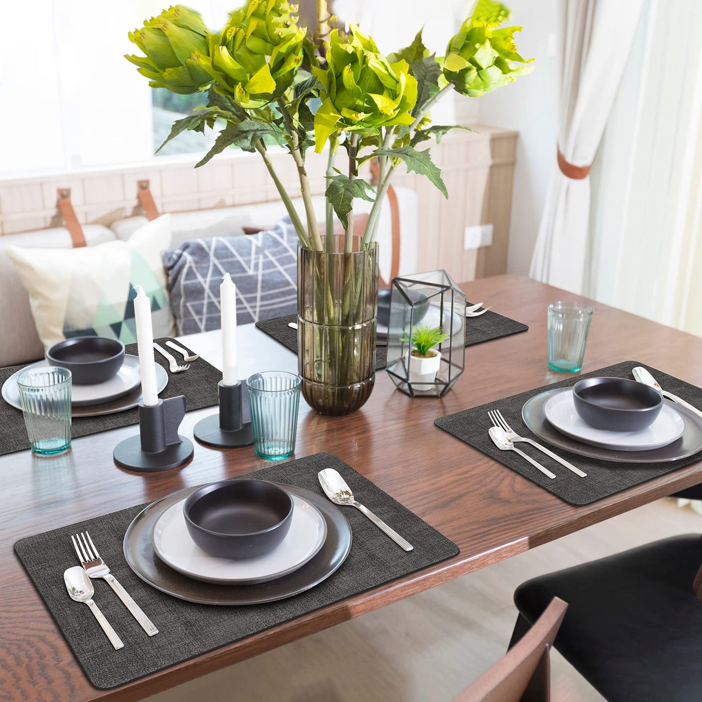 BIPASION Placemats, Faux Leather Heat Resistant Placemats for Dining Table Set of 6, Waterproof Wipeable Washable Place Mats, Easy to Clean Non-Slip Table Mats, 11.8" x 17", Black