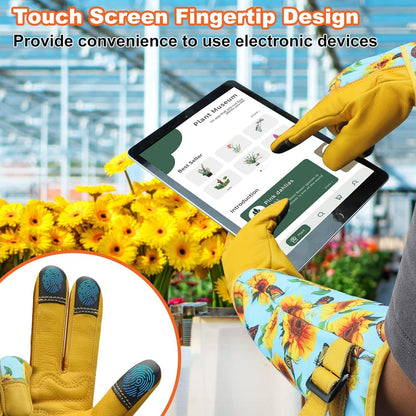 DLY Gardening Gloves for Women, Rose Gloves Gardening Thorn Proof, Long Garden Gloves for Women, Breathable Cowhide Leather Gauntlet (Medium, Blue)