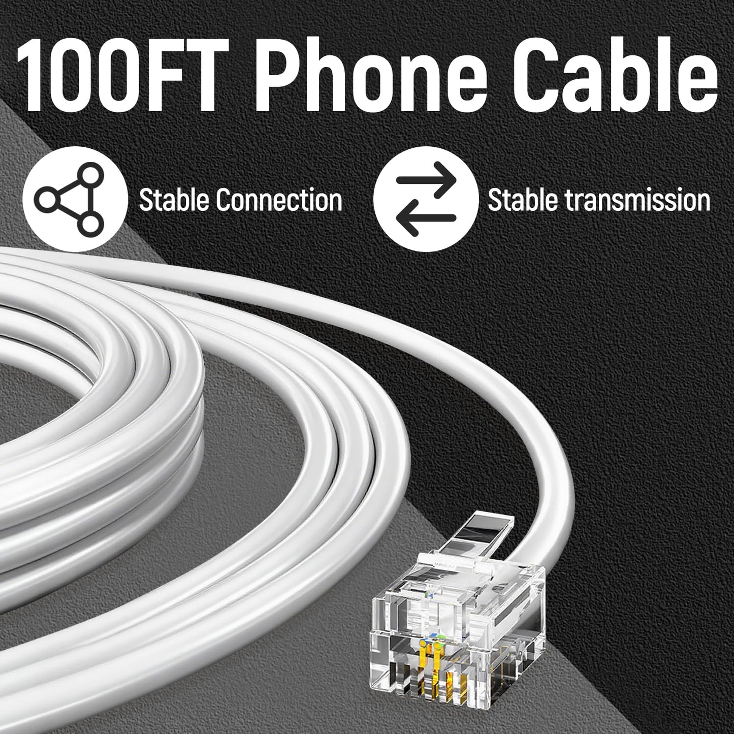 Uvital 100 Feet White Phone Extension Line Cord, Standard RJ11 6P4C Telephone Cable Wire, Landline Phone Wire for Telephone, Modem, Fax Machine