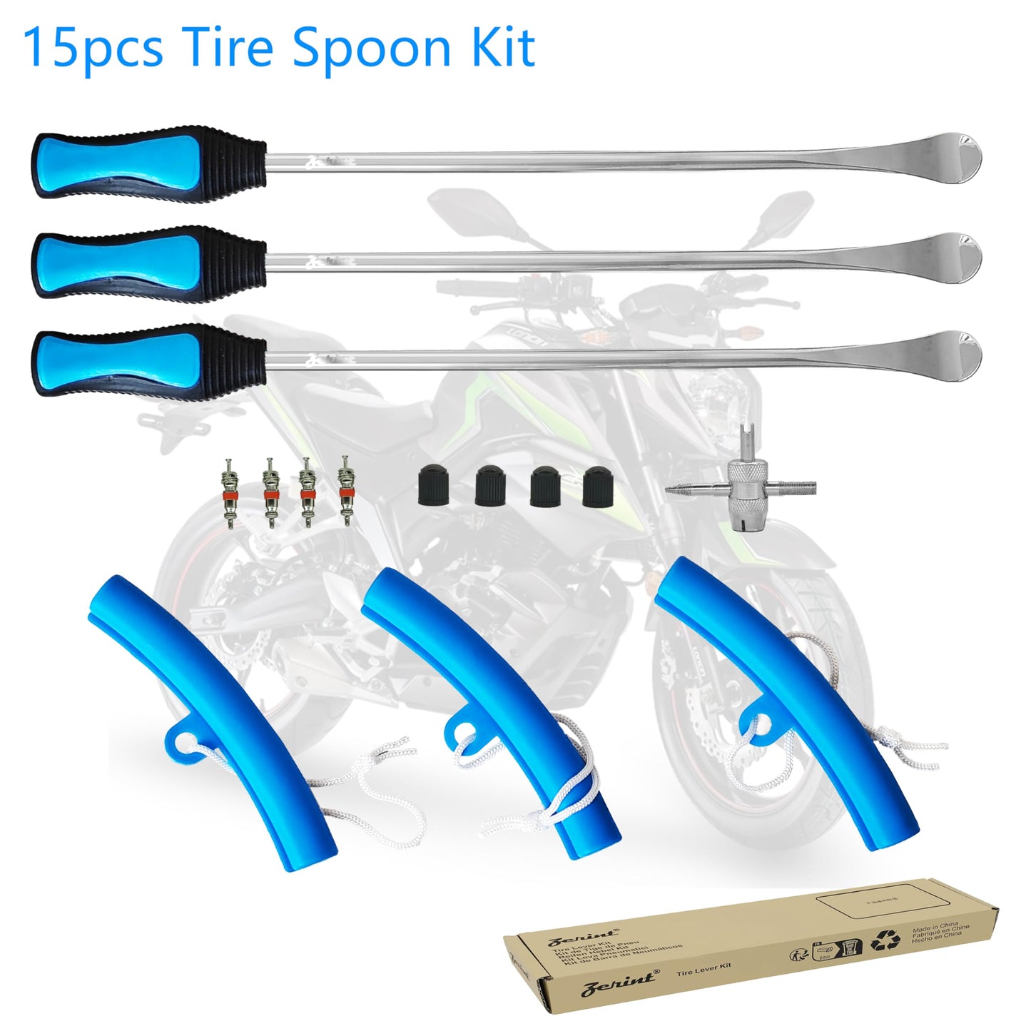 ZERINT Tire Spoons Heavy Duty Tire Repair Tool Kit, 3x14.5 Steel Tire Irons & 3 Rim Protectors, 4-Point Valve Tool with 4 Cores/Caps, Motorcycle/Bike/ATV Tire Changer Levers(TT-145-15)