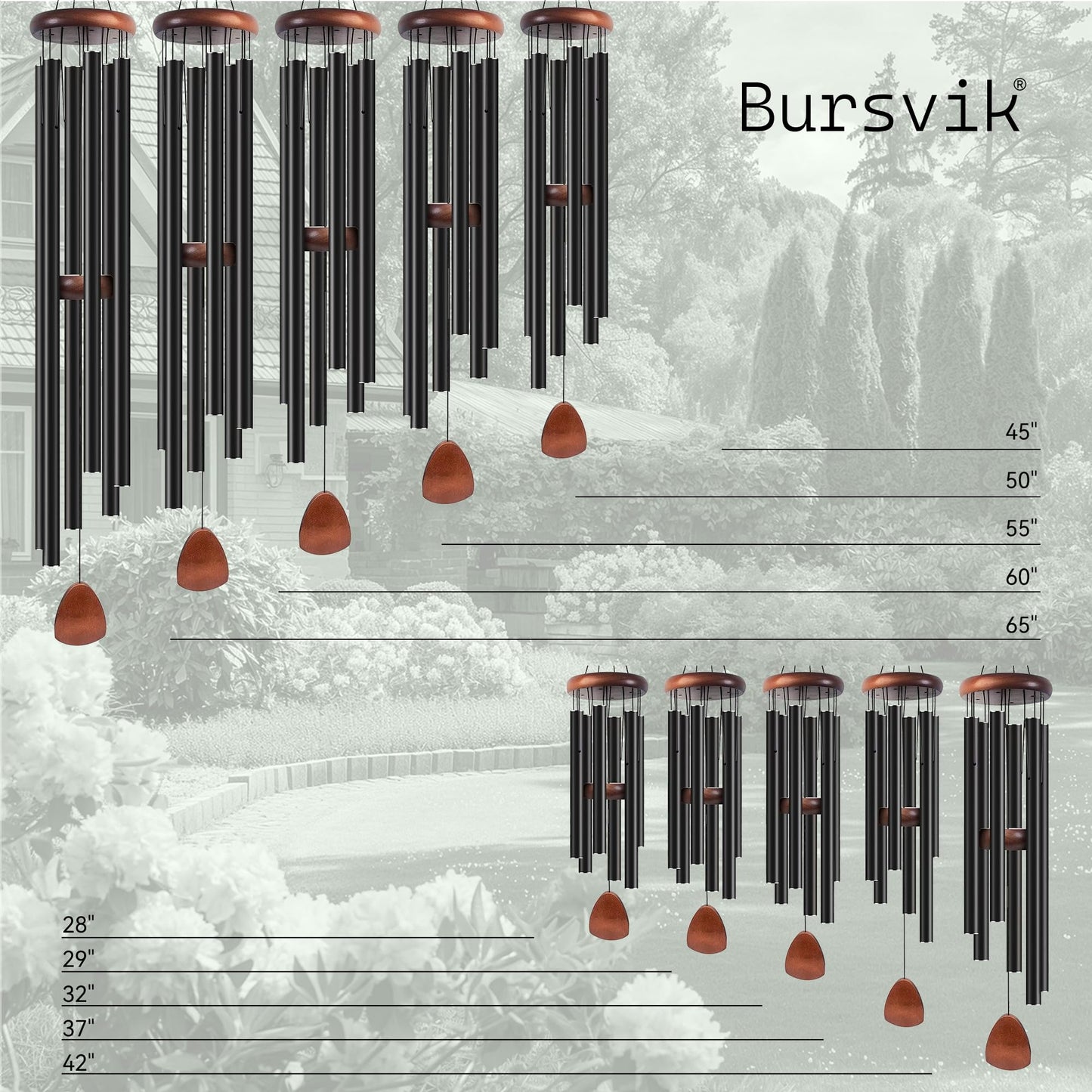 Bursvik Large Aluminium Wind Chimes 37" Inches to Create a Zen Atmosphere Suitable for Outdoor, Garden, Patio Decoration. Classic Black Wind Chimes with Wind Catcher Suitable as A Gift for Unisex