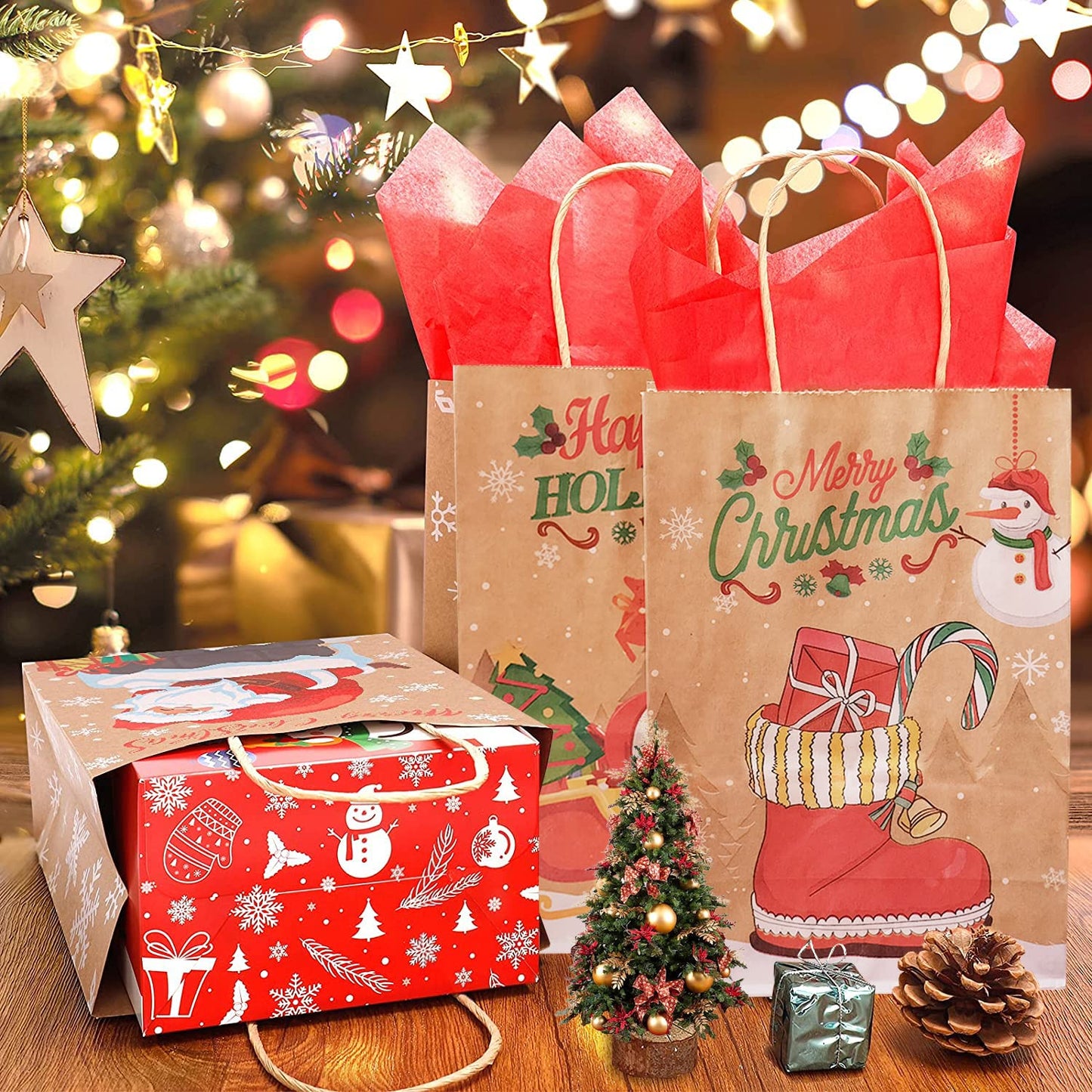 Ousaliyea 24pcs Christmas Bags with Handles: 6 Styles Assorted Kraft Paper Bags 5.9×3.1×8.3 inches Suitable for Xmas Party Favors Bags, Christmas Candy Bags and Christmas Goody Bags