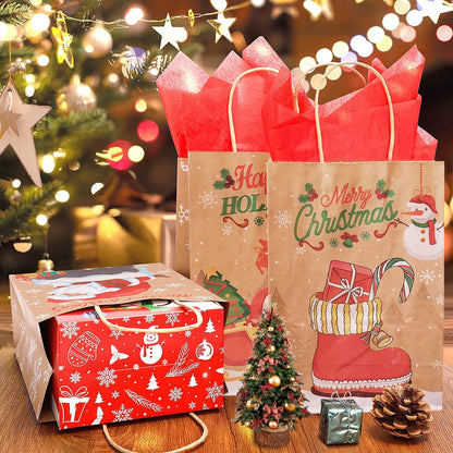 Ousaliyea 24pcs Christmas Bags with Handles: 6 Styles Assorted Kraft Paper Bags 5.9×3.1×8.3 inches Suitable for Xmas Party Favors Bags, Christmas Candy Bags and Christmas Goody Bags