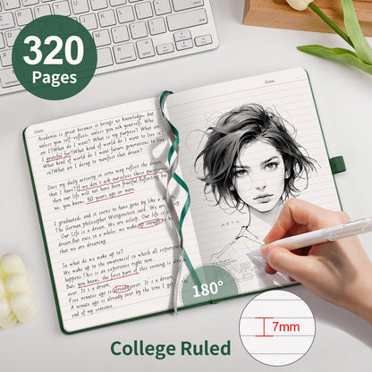 AHGXG Lined Journal Notebook for Work, A5 College Ruled Notebook with 320 Numbered Pages 100 GSM Thick Paper, Hardcover Leather Journal for Women Men Students, 5.7" x 8.3", Green