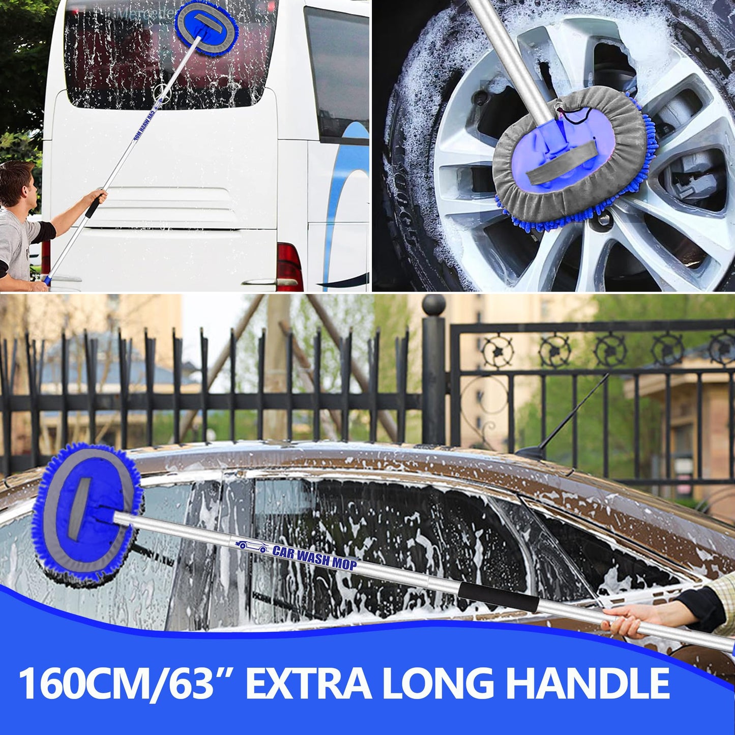 160cm 63" Car Wash Brush with Telescopic Long Handle 2 in 1 Microfiber Truck Cleaning Mop RV Trailer Windshield Vehicle Interior Exterior Detailing Kit Soft Duster Scratch Free (3 X Mop Head)