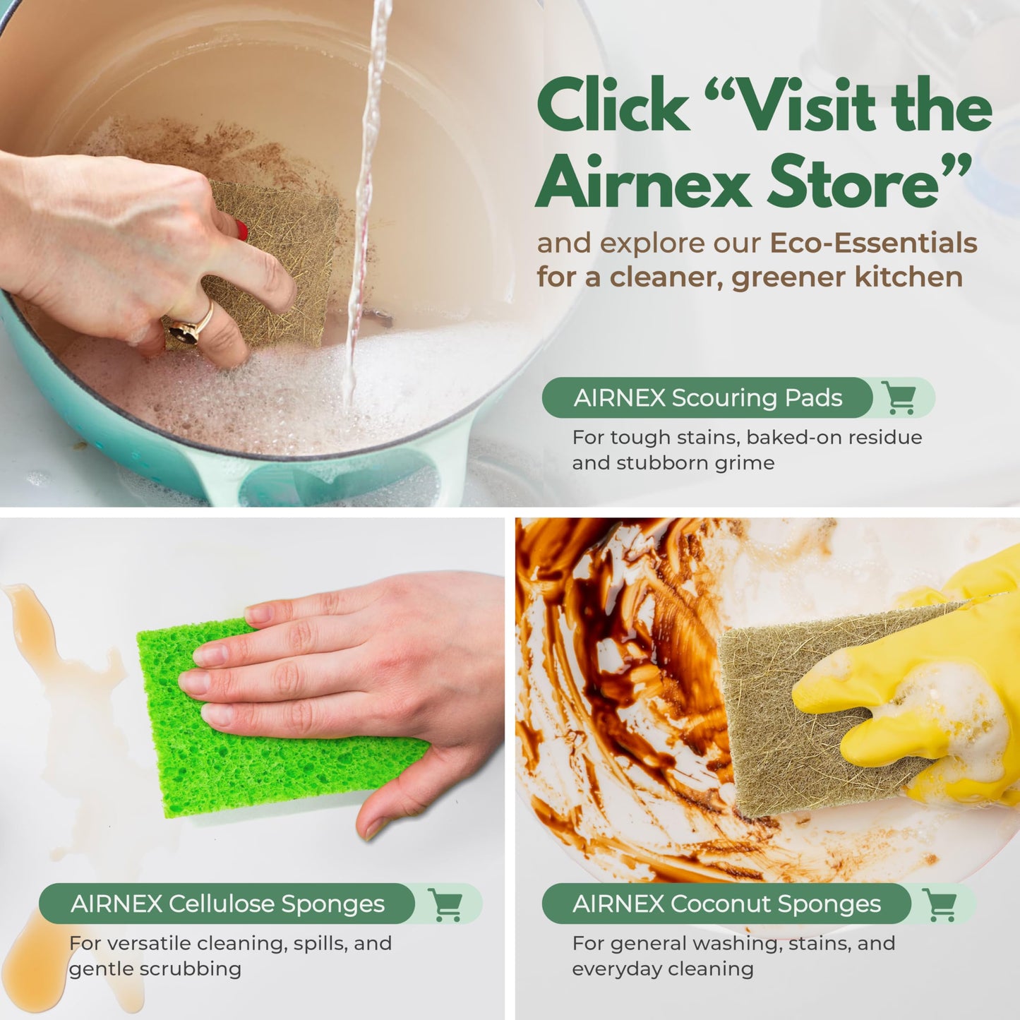AIRNEX 24 Pack Kitchen Pot Scrubber - Coconut Dish Scrubbers w/Non Scratch Scrubbing Pad - Dual Sided Dish Scouring Pads for Pots, Pans & Kitchen Cleaning