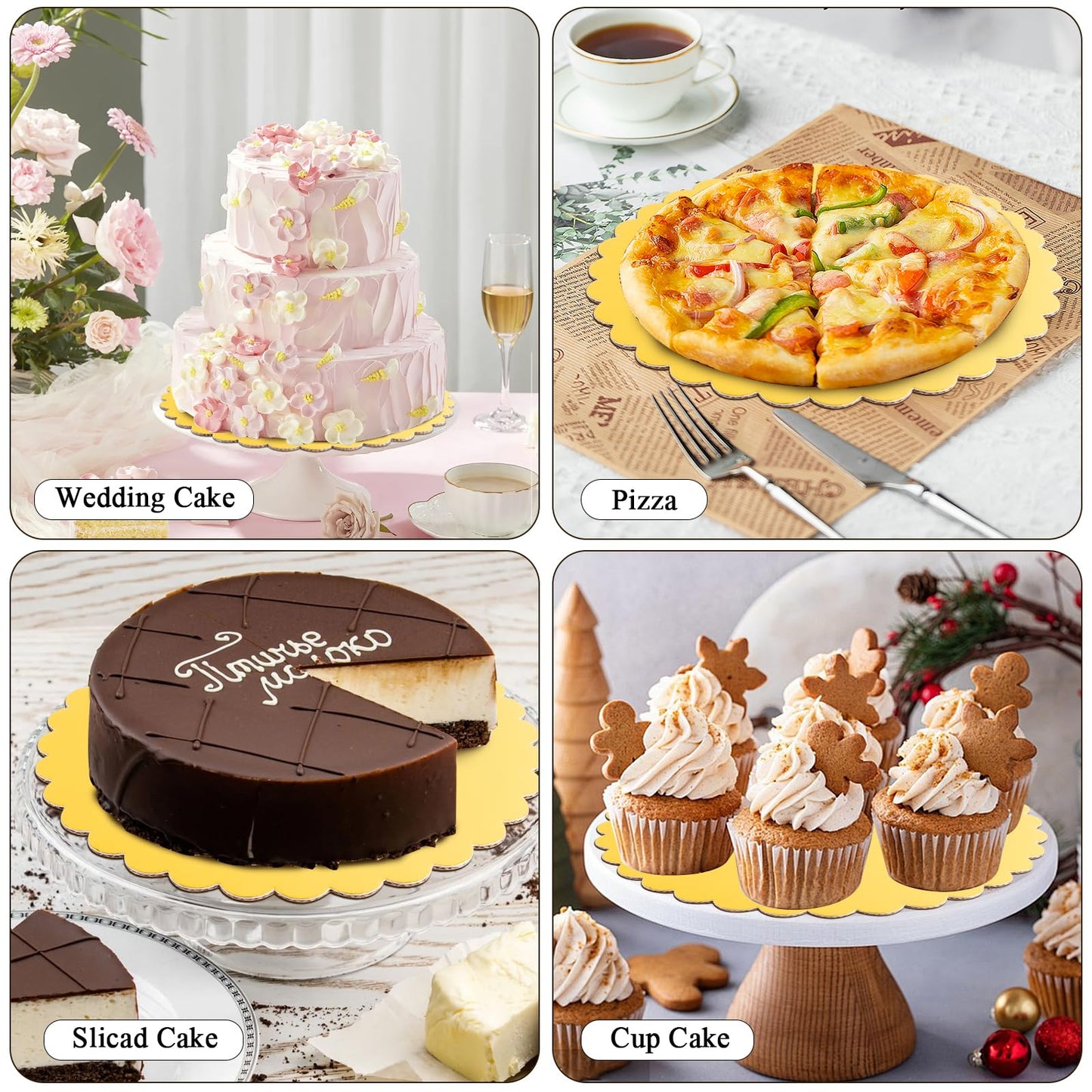 Worldity 30 Pcs Gold Cake Board, Sturdy Greaseproof Cake Circles Plate 8, 10, 12 Inch, Food-Graded Disposable Round Cardboard for Dessert Pizza Party Supplies Pizza Weddings Birthdays