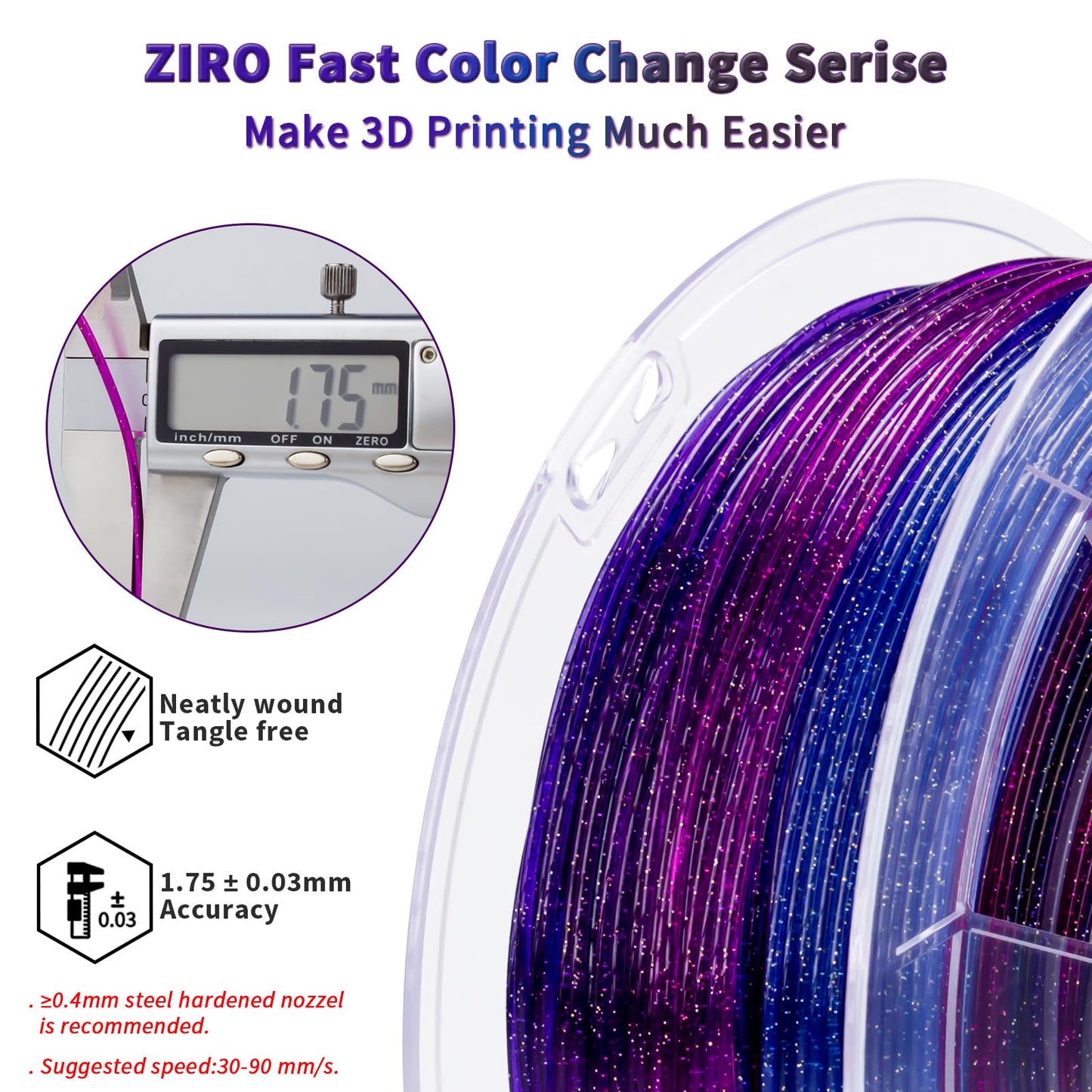 ZIRO Fast Color Changing Twinkling PLA, PLA Filament 1.75mm, Sparkle Glitter with Colorful Transluent PLA, 3D Printing Material,1kg Spool, Dimensional Accuracy +/-0.03mm, Fit Most 3D Printers, Galaxy