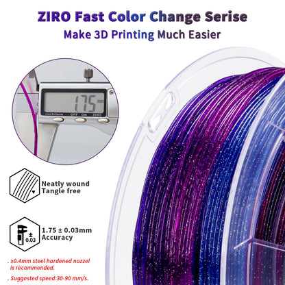 ZIRO Fast Color Changing Twinkling PLA, PLA Filament 1.75mm, Sparkle Glitter with Colorful Transluent PLA, 3D Printing Material,1kg Spool, Dimensional Accuracy +/-0.03mm, Fit Most 3D Printers, Galaxy
