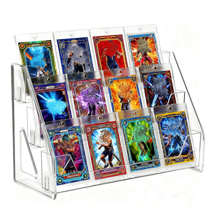3-Tier Trading Card Display Stand – Transparent Vertical PET Rack for Standard Graded Card Slabs, Toploaders, Magnetic Holders, Sports Collections