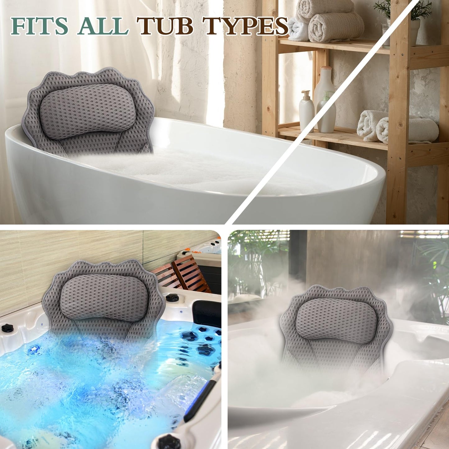 Bath Pillow RUVINCE Ergonomic Luxury Bathtub Pillow with Head,Neck, Shoulder and Back Support, 6D Bath Pillows for tub with 6 Powerful Suction Cups, Fits All Bathtub