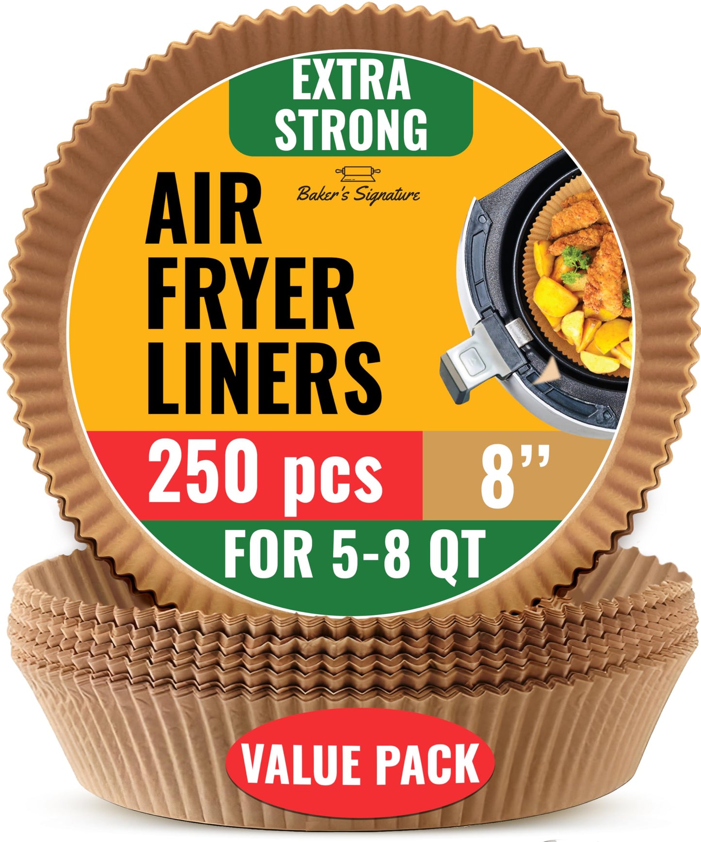Baker's Signature Air Fryer Parchment Paper Liner, 250 Pcs - Disposable 8" Round Air Fryer Liners Compatible with Up to 5.7 qt Baskets - Unbleached, Non-Stick Paper Liners, Oil Proof for Easy Cleanup