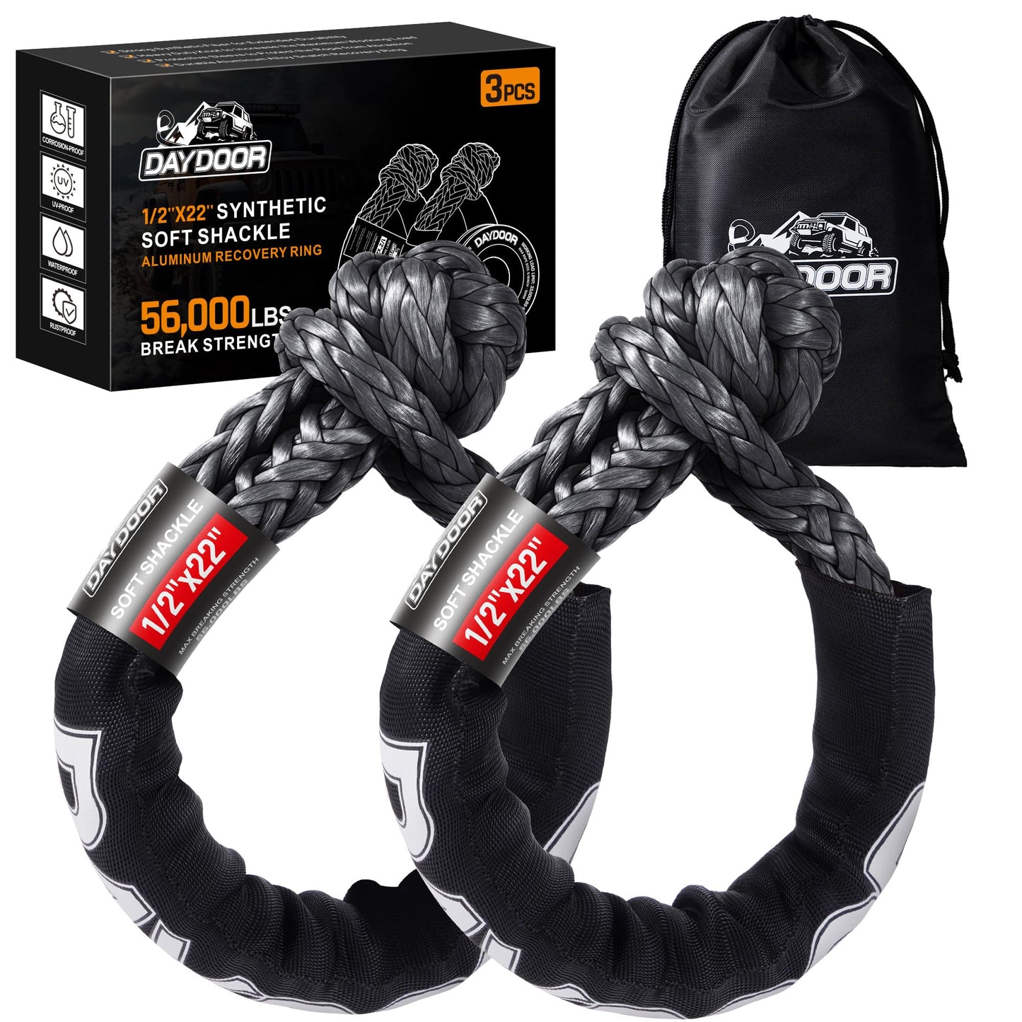 DAYDOOR 56,000 LBS Soft Shackles, 1/2" x 22" (2-Pack) Rope Shackles for Recovery, Winch Accessory for Jeep Wrangler, Bronco, 4Runner, Tacoma, ATV/UTV/Jeeps/SUVs, 4x4 Off-Road(Gray)