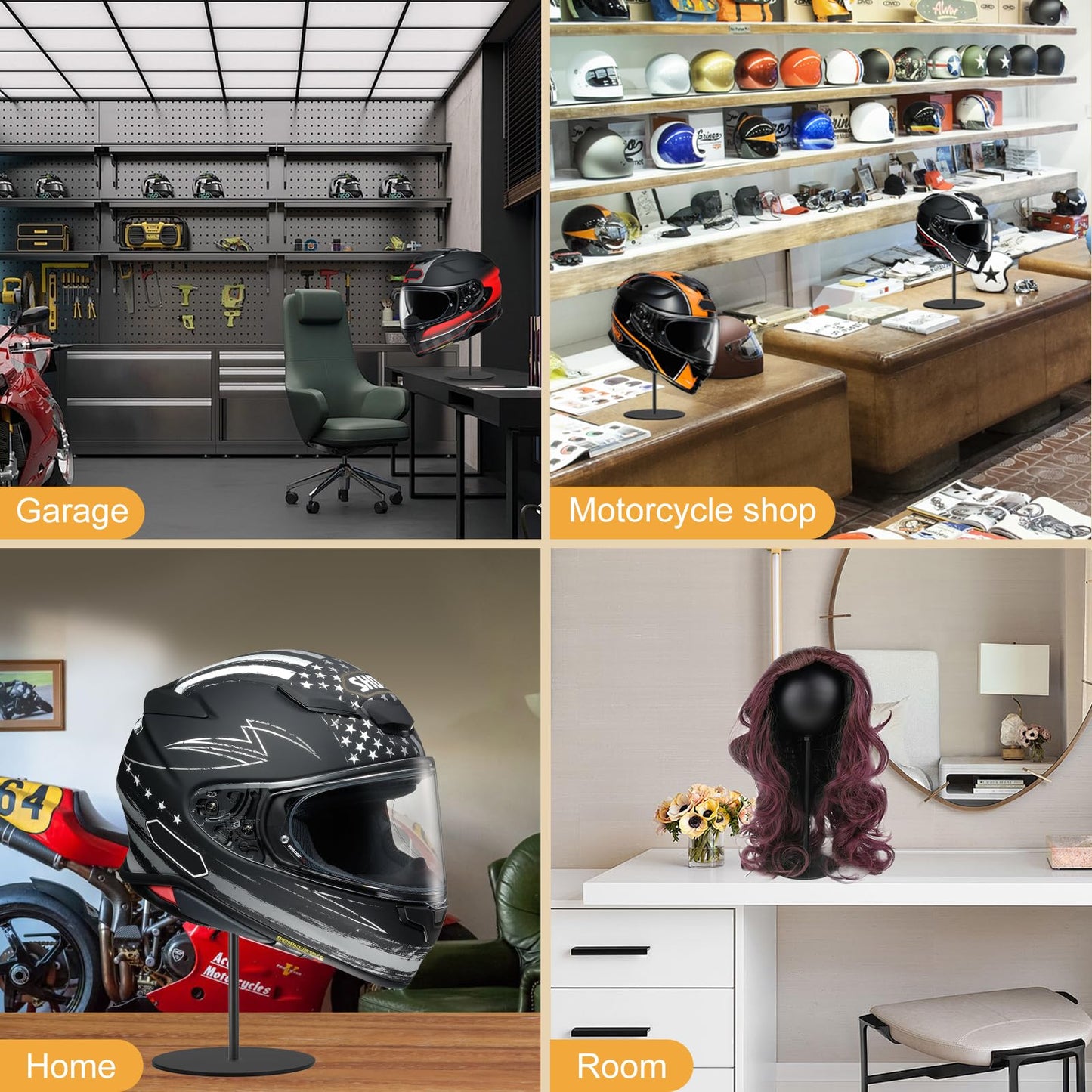 2 Pack Aluminum Motorcycle Helmet Stand, Desktop Helmet Display Holder with Stable Base for Helmets, Caps, Hats, Wigs, Motorcycle Helmet Accessories