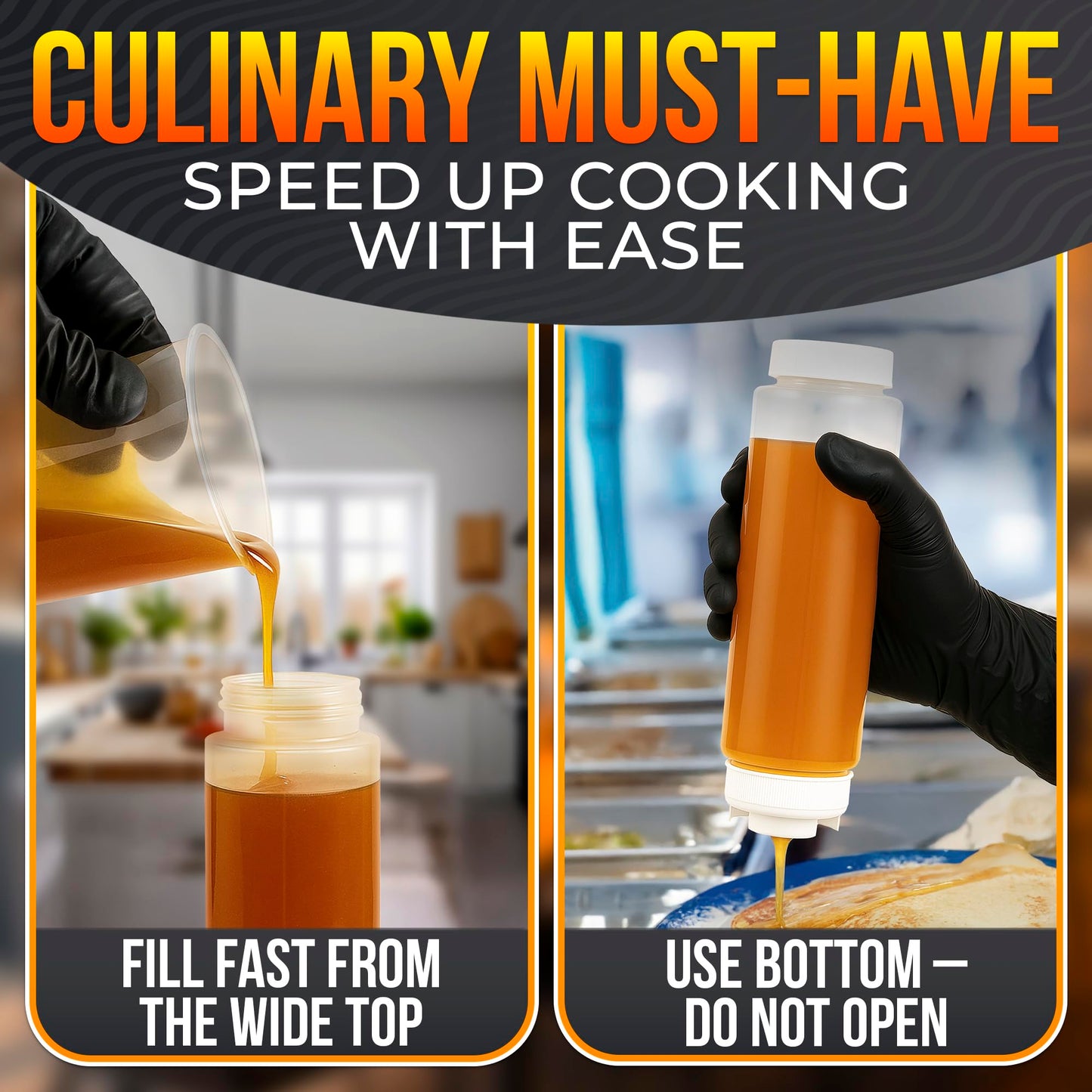 Set of 6 Condiment Squeeze Bottles for Sauces 16 oz – Easy-to-Fill Clear Bottles with Self-Closing Valve | Ready-to-Dispense for Dressings, Ketchup, Mustard & More, Durable, Reusable, Mess-Free Design