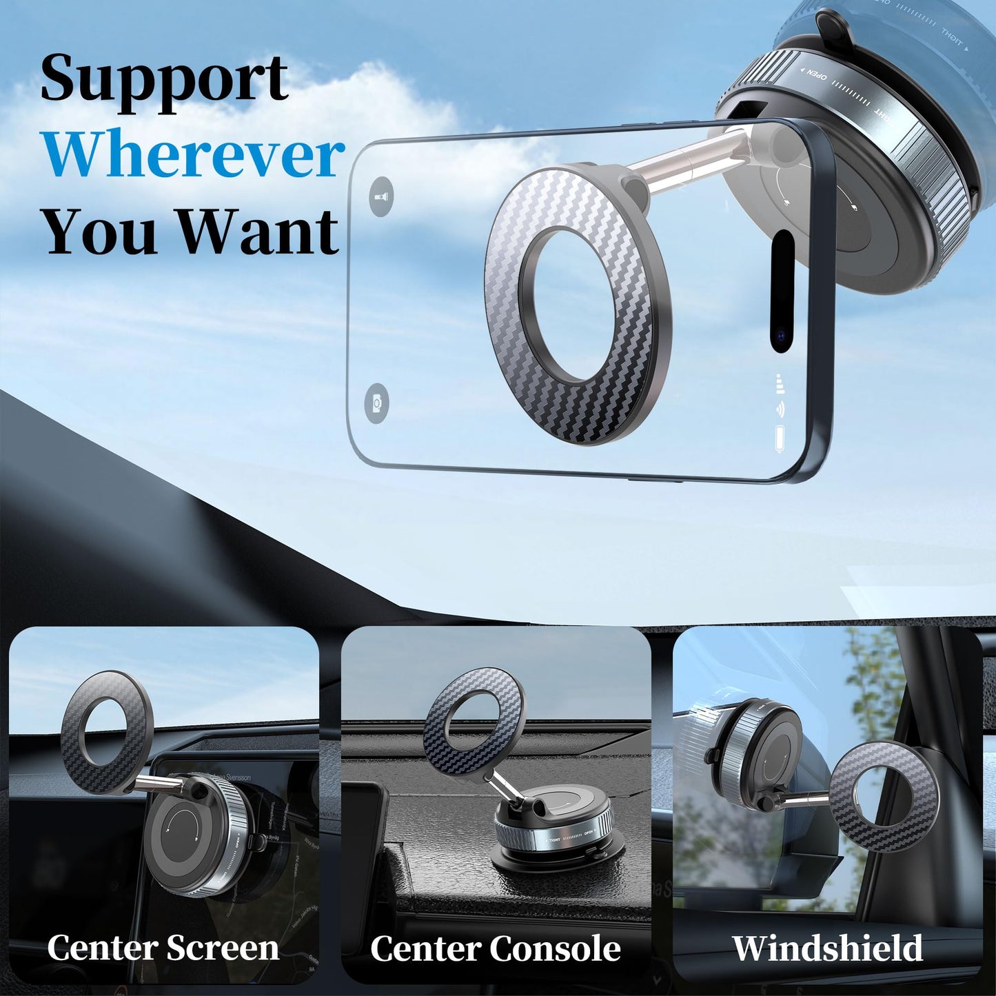 PlusAcc Vacuum Magnetic Car Phone Holder - Suction Cup Phone Mount 360° Rotatable Foldable Portable Strong Magnet Stand for iPhone 16/15/14/13 & Samsung in Gym, Mirror,Smooth Surface, All Vehicles