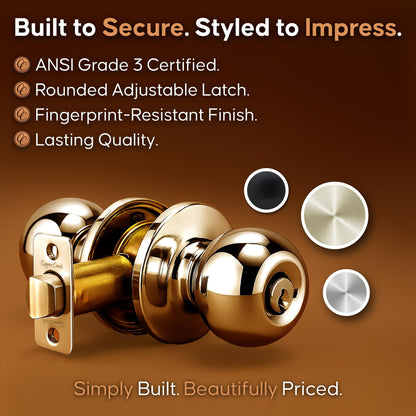 Copper Creek BK2040PB Ball Door Knob, Keyed Entry Function, 1 Pack, in Polished Brass