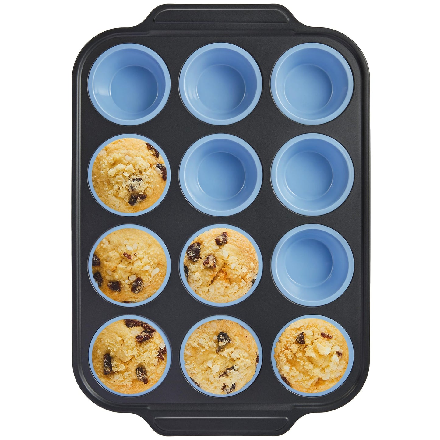 BRONYPRO Silicone Muffin Pan with Metal Frame, Egg Bite Maker Silicone Molds for Baking, Cupcake Pans 12 Regular Size, Muffin Tins Easy to Pop Nonstick Non Toxic Bakeware for Oven,Blue