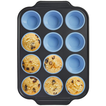 BRONYPRO Silicone Muffin Pan with Metal Frame, Egg Bite Maker Silicone Molds for Baking, Cupcake Pans 12 Regular Size, Muffin Tins Easy to Pop Nonstick Non Toxic Bakeware for Oven,Blue