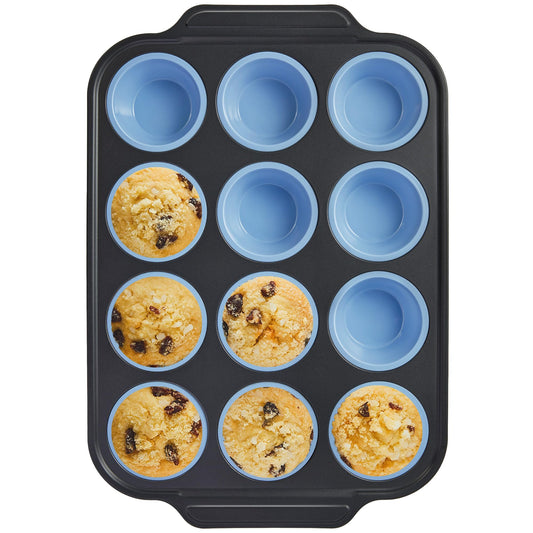 BRONYPRO Silicone Muffin Pan with Metal Frame, Egg Bite Maker Silicone Molds for Baking, Cupcake Pans 12 Regular Size, Muffin Tins Easy to Pop Nonstick Non Toxic Bakeware for Oven,Blue