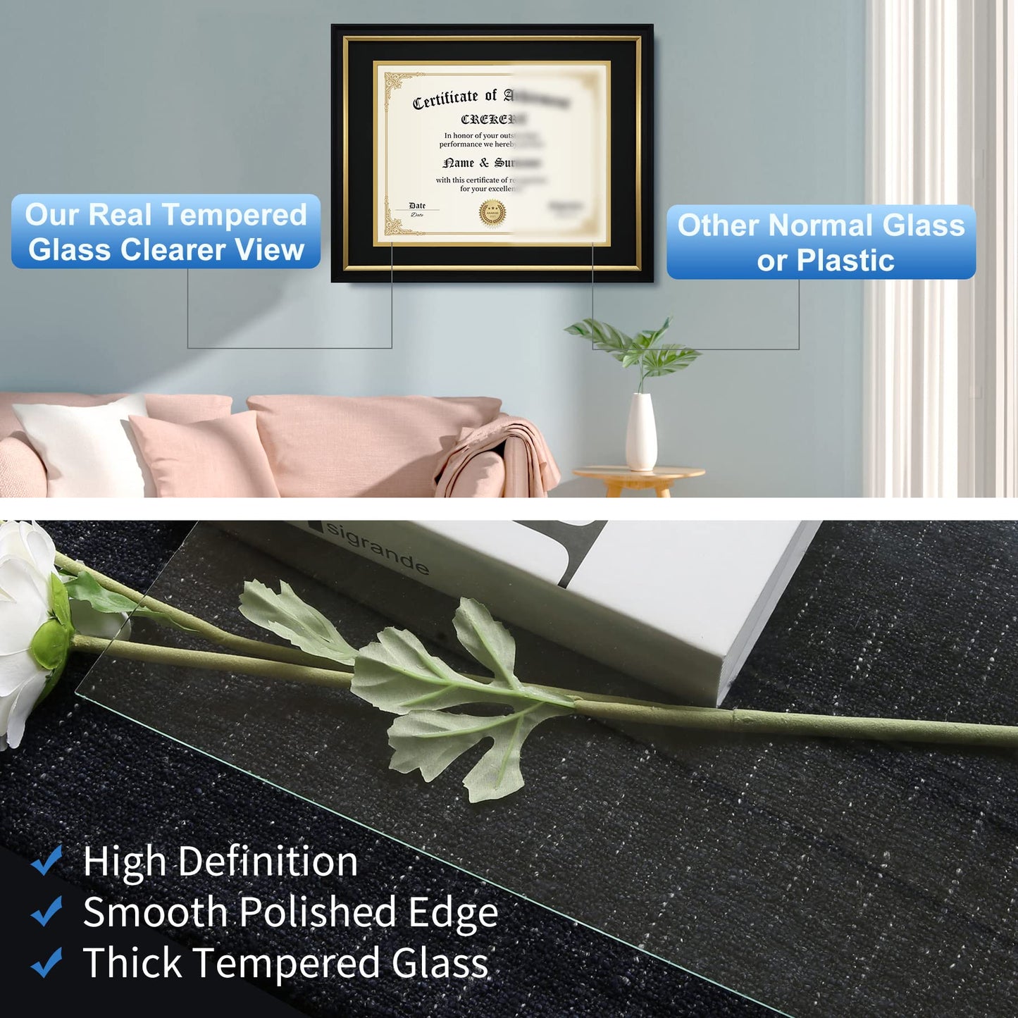 CREKERT Diploma Frame 11x14 College Degree Frame Solid Wood Shatter-Resistant Glass for Documents Certificate Blackgold Frame 8.5x11 with Mat (Black Mat, 1 Pack)