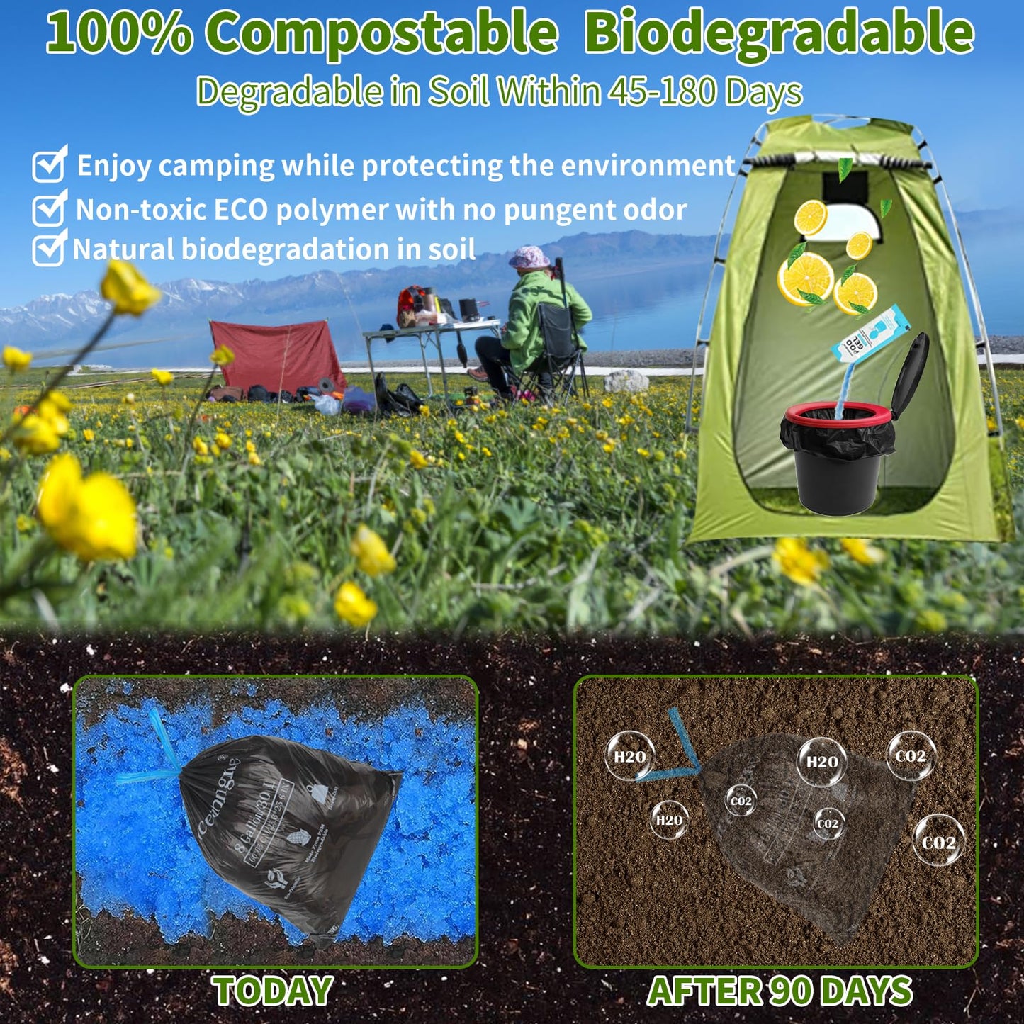 Portable Toilet Bags Poo Gel Set, 8 Gallon Camping Toilet Bag with Portable Absorbent Gel, Compostable Potty Bag for Camping Outdoor Hiking