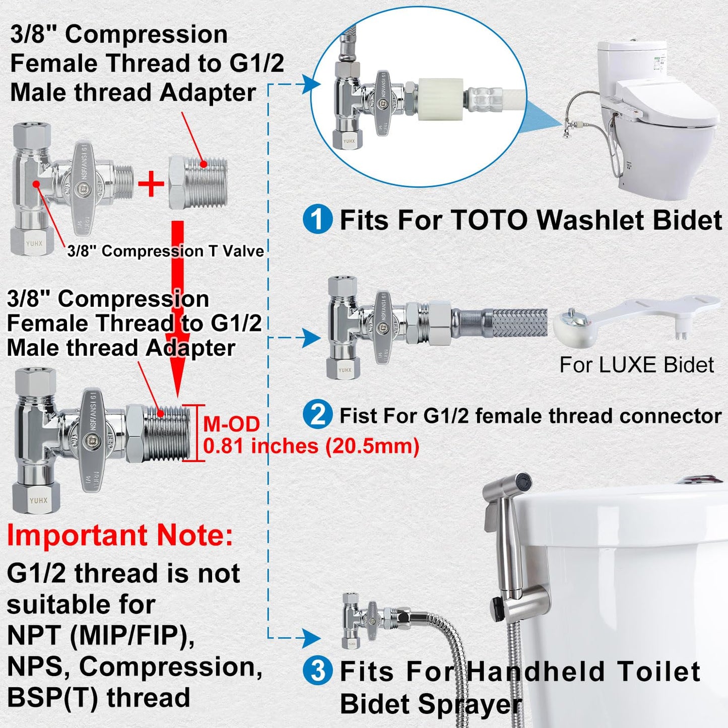 YUHX Brass Angle Stop Add-A-Tee Valve for TOTO Washlet Bidet and Handheld Sprayer, 3/8 Compression Connector 3 Way Diverter 3/8" x3/8" x3/8" or 1/2" Toilet T Adapter