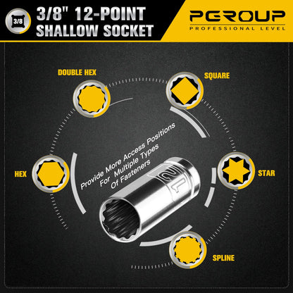 3/8 Inch Drive Socket Set - 10 Piece Metric 12-Point Shallow Socket Set (10mm, 11mm, 12mm, 13mm, 14mm, 15mm, 16mm, 17mm, 19mm, 22mm), Chrome Vanadium Steel
