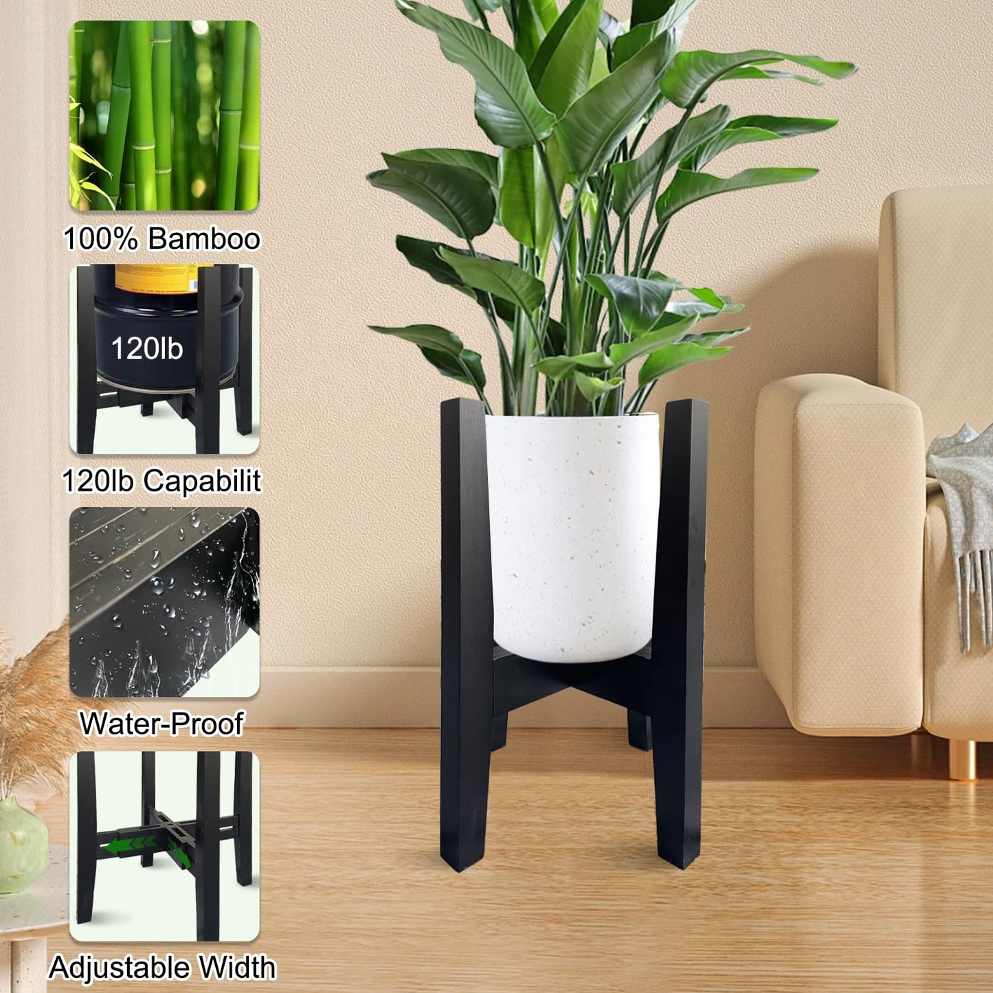 Adjustable Plant Stand Indoor Bamboo Mid Century Modern Plants Stand Corner Plants Flower Holders Single Floor Plant Stands- 8.2-11.8 in (Pot & Plant Not Included) (Black, 8.2-11.8in)