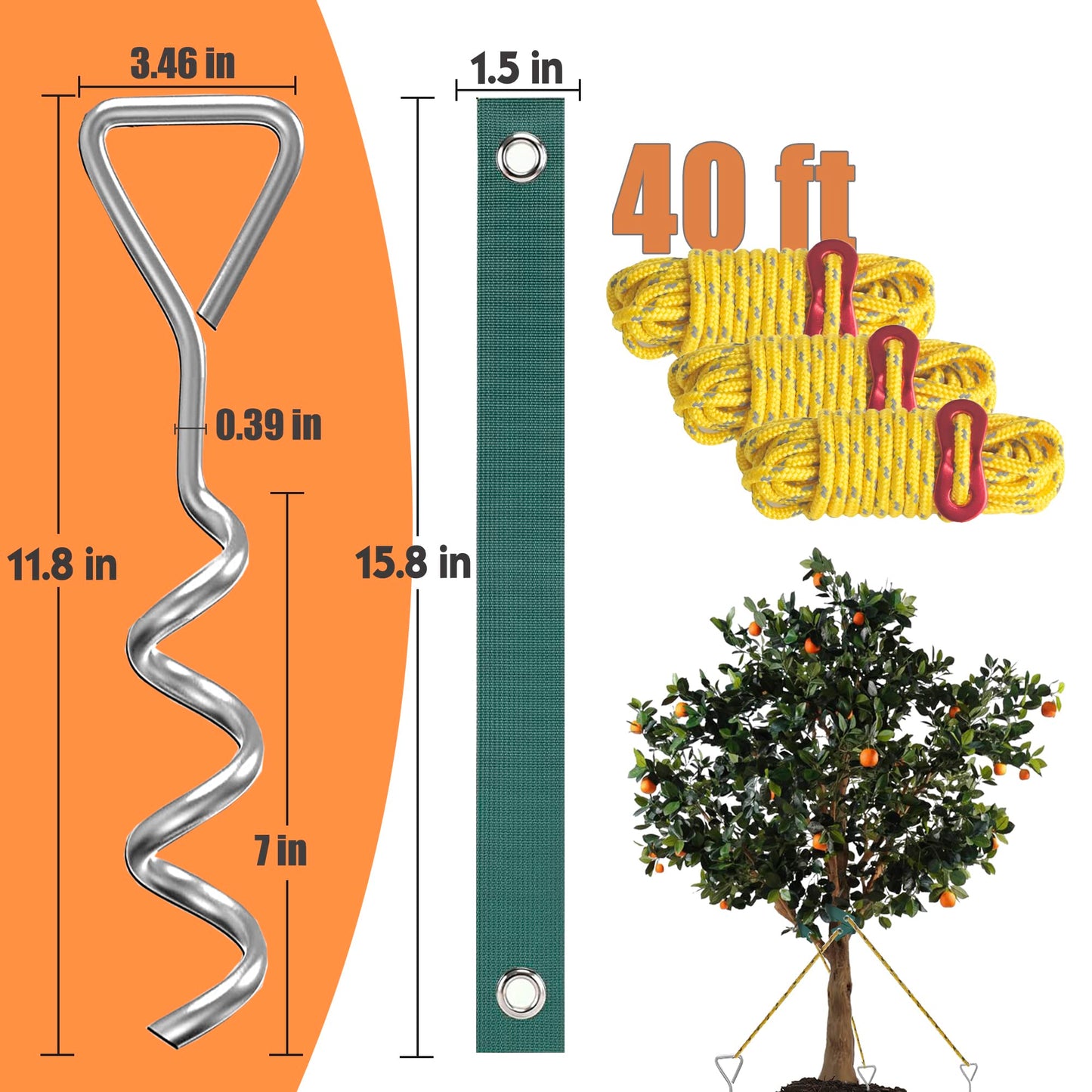 Aoipend Heavy Duty Tree Stakes Kit, Supports for Leaning Trees 3pcs Spiral Metal Stakes-3pcs Straps-40ft Reflective Guy Lines Resistant to Strong Winds Anchoring Kits for Young Trees Tent