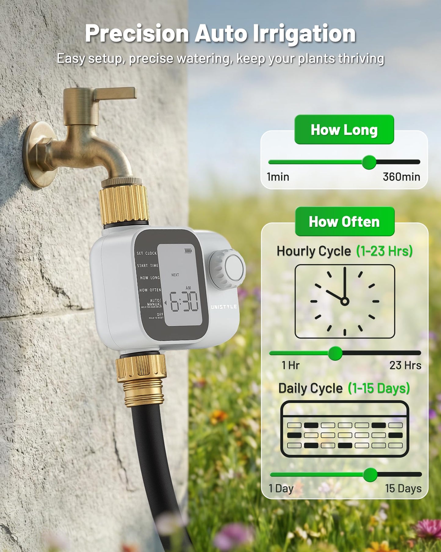 2027 New Upgrade Sprinkler Timer with Brass Inlets, Unistyle Programmable Water Timer for Garden Hose, IP55 Waterproof Hose Timers with Manual and Automatic Irrigation Timers for Yard and Lawn Patio