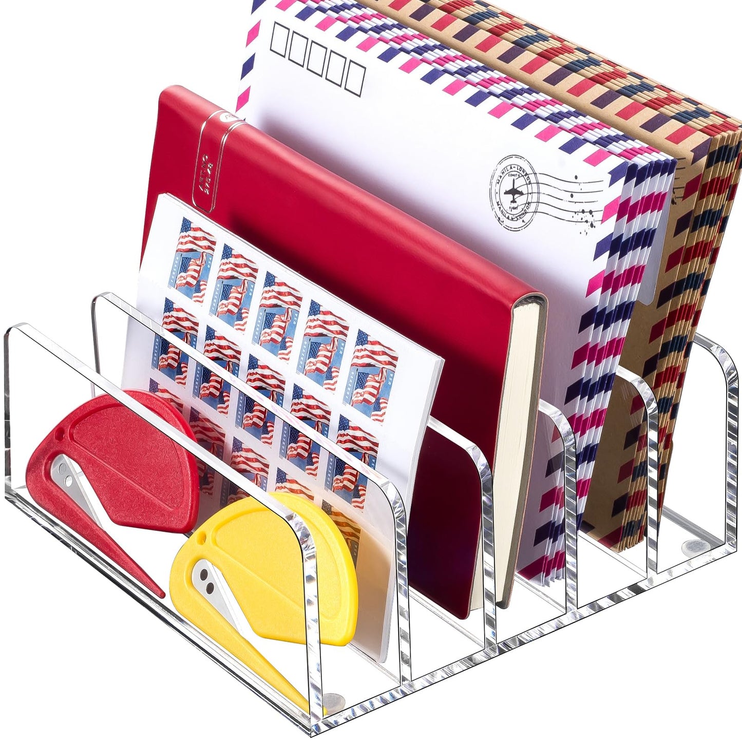 BEYGORM Acrylic Mail Holder, Clear Multifunction Desk Organizer with Divider, Vertical Letter Sorter for Desktop, 5 Compartments Modern Office Home Envelope Organizer for Bill, Document, Folder