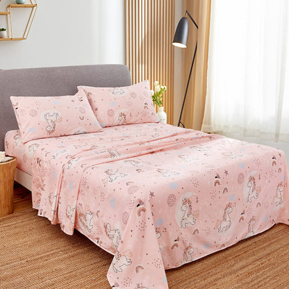 JSD Pink Moon Unicorn Kids Sheet Set Twin 3 Piece, Cute Printed Microfiber Bed Sheets for Girls Deep Pocket