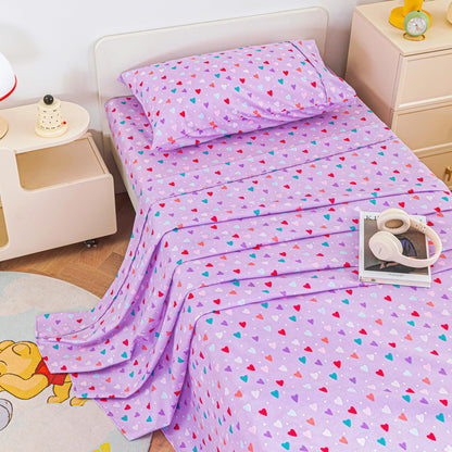 Viviland Kids Twin Sheet Set - Girls Purple Twin Sheet Set - Kids Toddlers Twin Microfiber Single Fitted Sheets and Pillowcase - Colorful Hearts Printed