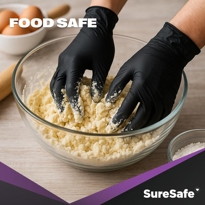 [200 Pack] SURESAFE 4 Mil XL Black Nitrile Gloves,Powder & Latex Free, Textured Fingertips, Tear Resistant, For Cooking, Food Prep, Work, Tattoo, Food Prep Gloves