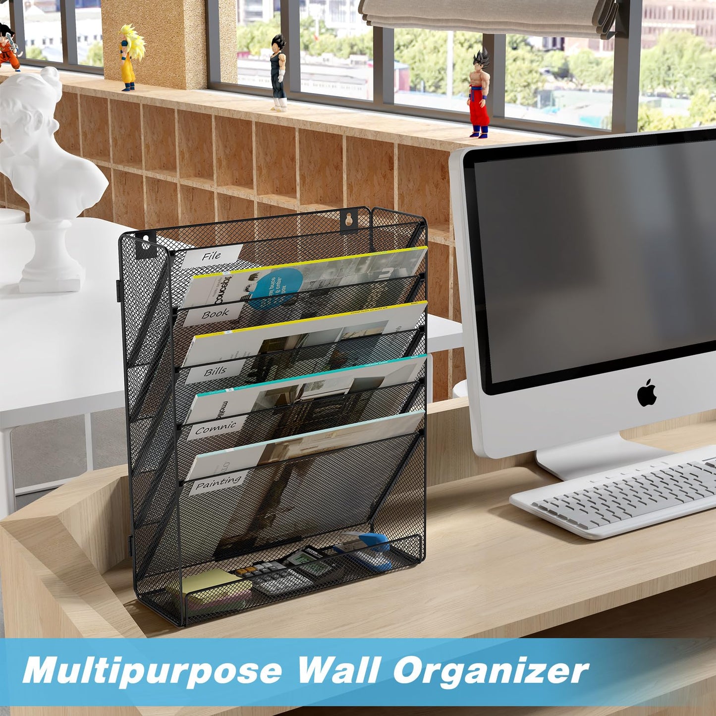 Solinxe Wall File Holder 6 Tier Hanging File Folder Organizer Desk Paper Magazine Document Rack, Black