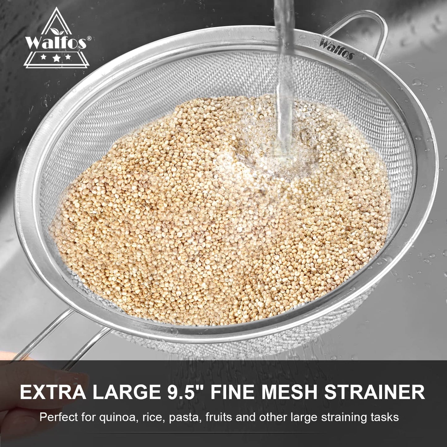 Walfos Fine Mesh Strainer Set of 4-9.5", 7", 4.7", 2.8", Multipurpose Stainless Steel Mesh Sieve with Handle, Kitchen Fine Strainers Sifters for Food, Rice, Quinoa, Fruits, Vegetables, Tea