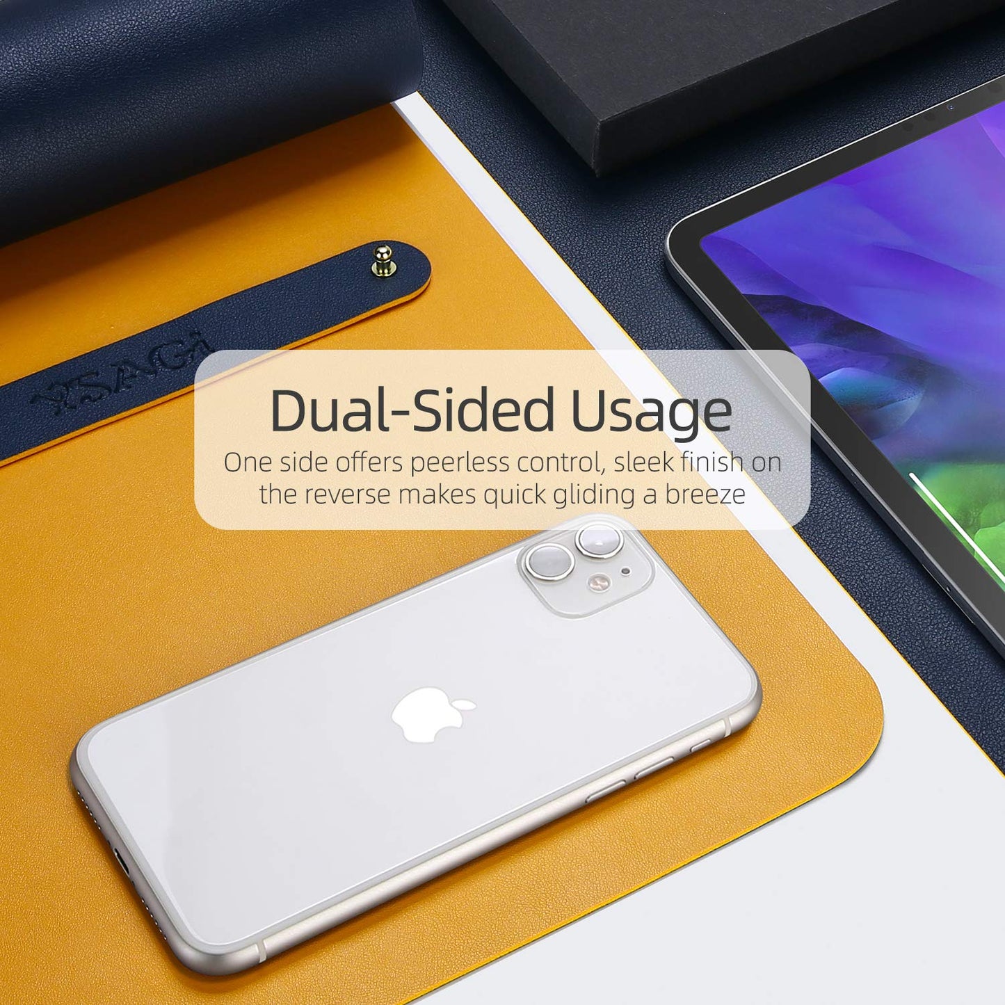 YSAGi Desk Mat, Mouse Pad,Waterproof Desk Pad,Large Mouse pad for Desk, Leather Desk Pad Large for Keyboard and Mouse,Dual-Sided Mouse Mat for Office and Home (31.5" x 15.7", Dark Tyrian Blue+Yellow)