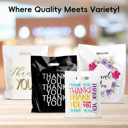 POPGIFTU Thank You Bags for Business Small - 12"x15" Reusable White Retail Plastic Shopping Bags with Die Cut Handle, 100 Pack - Perfect for Boutique, Clothing Stores, Gifts, Trade Shows, Wholesale