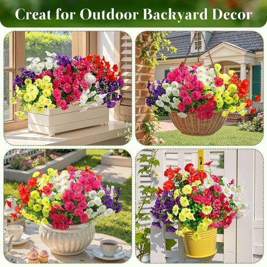 Alupssuc 24 Bundles Artificial Flowers for Outdoors Spring Decoration, Faux Flowers UV Resistant Silk Morning Glory with Eucalyptus Realistic Fake Flowers for Yard Planter Porch Garden, 5 Colors