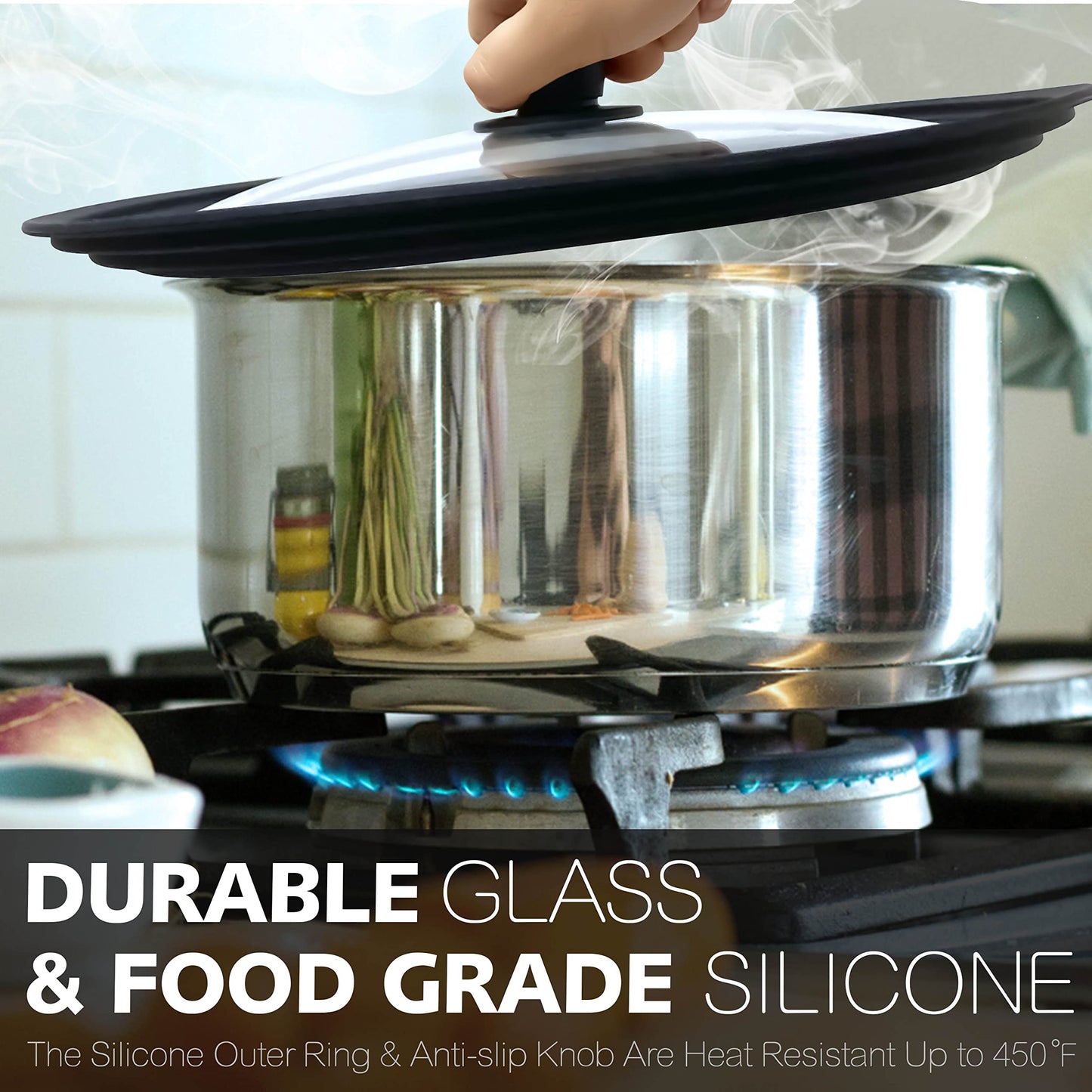 Anaeat Silicone Universal Lid for Pots, Pans and Skillets - Tempered Glass with Heat Resistant Silicone Rim Fits 10", 11" and 12" Diameter Cookware -Easy to Use Replacement Frying Pan Cover