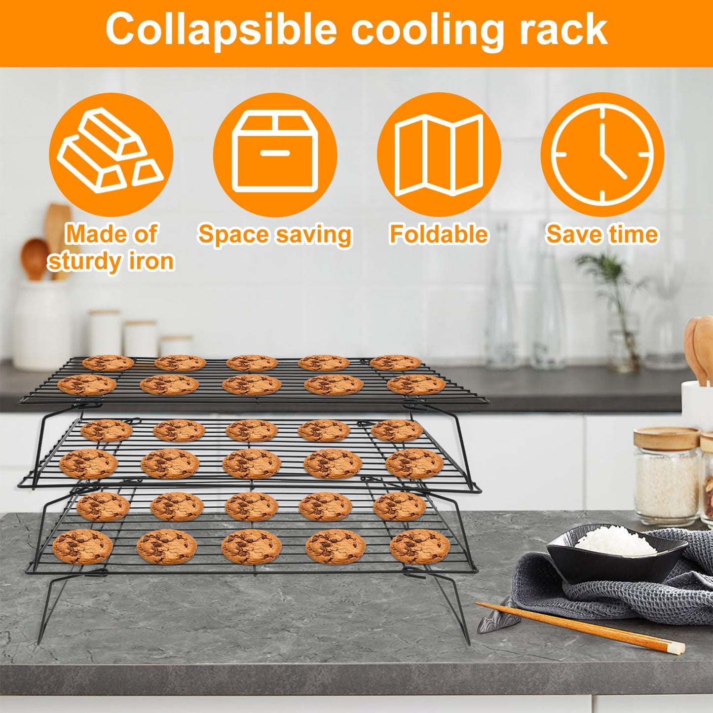 Abizarch 3-Tier Cookie Cooling Rack, 13.4“x9.4" Stackable Iron Baking Cooling Rack,Cooling Rack for Baking, Foldable Wire Cooling Rack Space Saving for Cupcakes Pies Cookies Gadgets