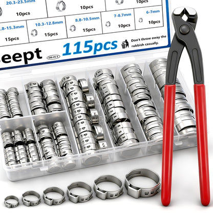 Seept 115Pcs 10-Sizes 304 Stainless Steel Single Ear Hose Clamps with Ear clamp plier 6-28.6mm Crimp Hose Clamps Assortment Kit for Auto/Home Appliance/Pipe/Fuel Line Stepless Hose clamp with pincer