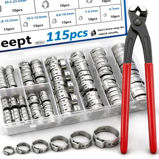 Seept 115Pcs 10-Sizes 304 Stainless Steel Single Ear Hose Clamps with Ear clamp plier 6-28.6mm Crimp Hose Clamps Assortment Kit for Auto/Home Appliance/Pipe/Fuel Line Stepless Hose clamp with pincer