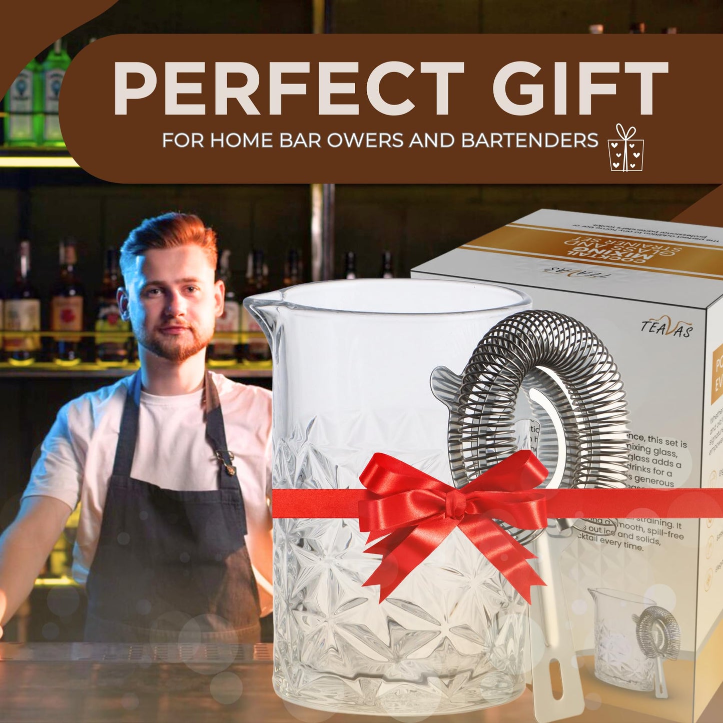 TEAVAS Cocktail Mixing Glass Set with Hawthorne Strainer - Mixology Pitcher for Stirrer Cocktails - Bartender Kit - Birthday Gifts for Friends & Family