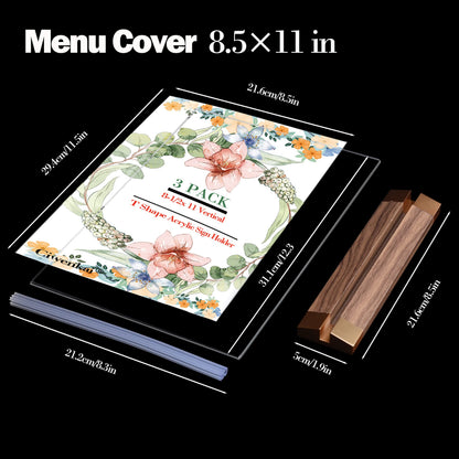 Ciwenkai Acrylic Sign Holders with Wooden-Base - 3 Pack 8.5x11 Inch T Shape Clear Double Sided Frames for Table Menu Display Stand Flyer Display