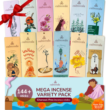 CALMVEDA Natural Incense Sticks Mega - Variety Pack (144 Insence-sticks Bulk, 12 Aromas) Clean No Charcoal Incense, Made from Upcycled Flowers | Organic Incense Sticks Non Toxic (Slow burn, Longlast)