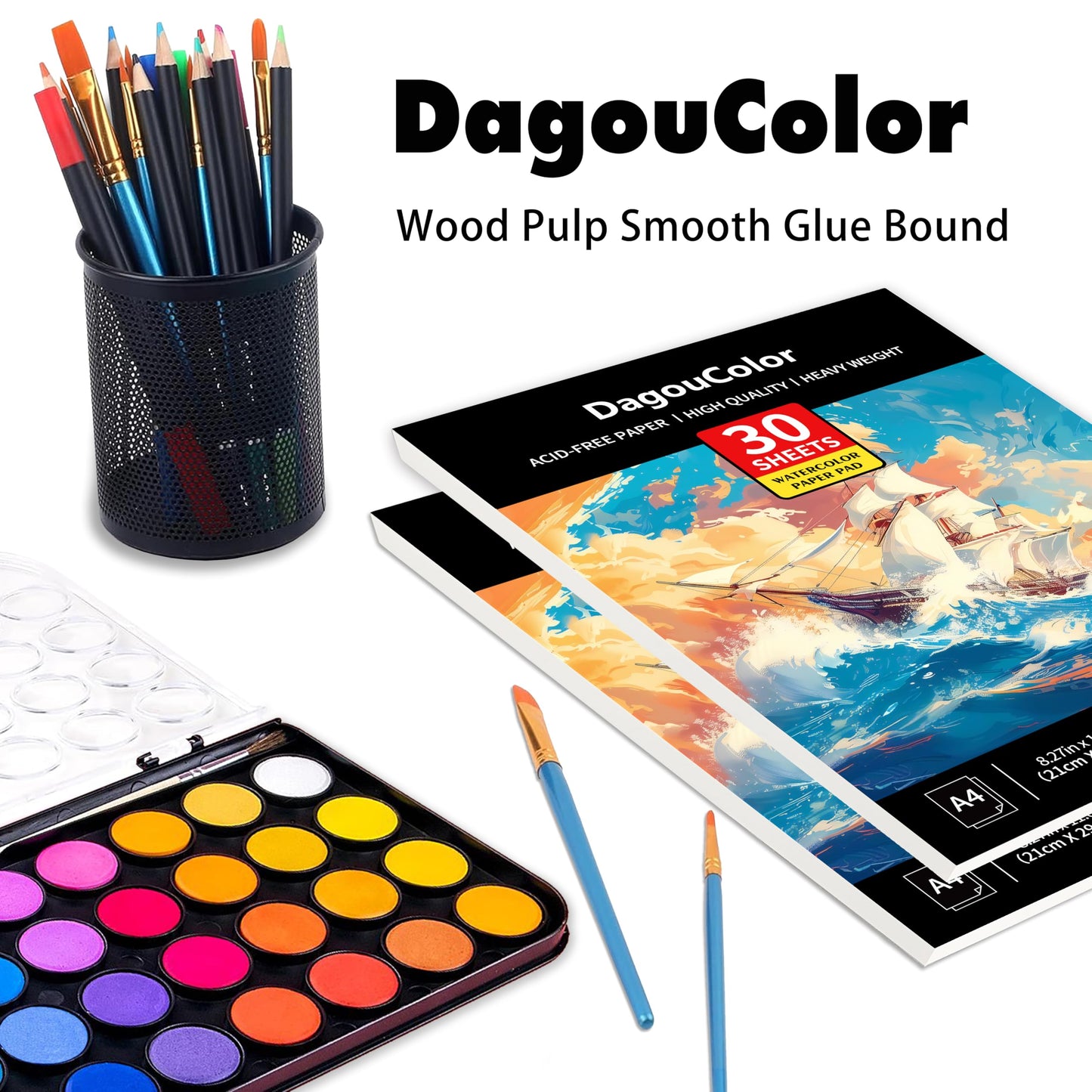 DagouColor Watercolor Paper Pad, A4, 2 Pack, 30 Sheets Each, 140lb/300gsm Cold-pressed Paper, Artist Book for Adults Kids, Painting, Drawing, Mixed Media